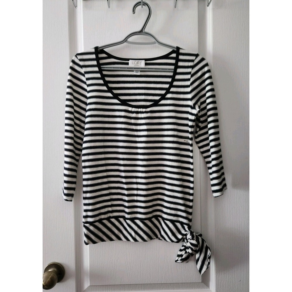 LOFT Womens black and white striped Top with bow detail Scoop Neck 3/4 Sleeve SP